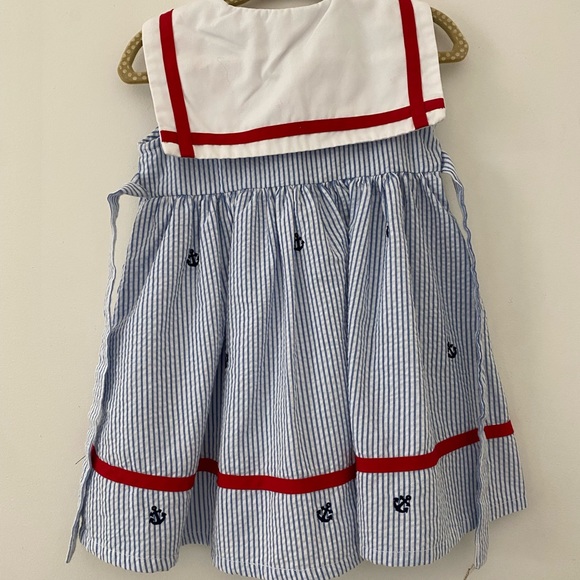Goodlad Dress Size 12 Months Blue White Seersucker Trimmed in Red Button Front - Picture 2 of 4